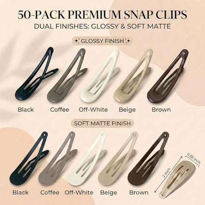 50Pcs Snap Hair Clips for Women Girls, 2 Inch Metal Hair Barrettes in 5 Natural Colors, Non Slip Hair Pins with Storage Box (Glossy & Matte Mixed) Avelisse