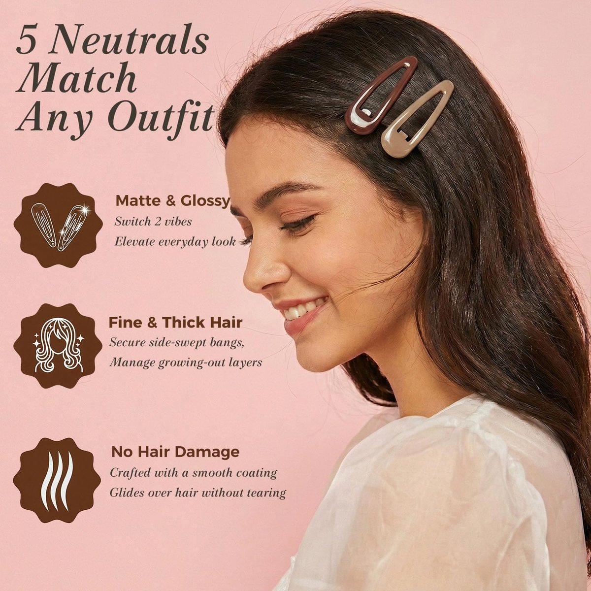 50Pcs Snap Hair Clips for Women Girls, 2 Inch Metal Hair Barrettes in 5 Natural Colors, Non Slip Hair Pins with Storage Box (Glossy & Matte Mixed) Avelisse