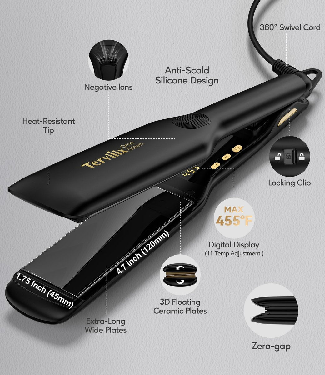 Terviiix Extra Long Hair Straightener for Fast Styling on Thick Hair, Silk Press Flat Iron for Black Women Natural Hair - 1.75" Wide Plate - Ionic Ceramic Infused with Argan Oil & Keratin, Max 455°F Avelisse