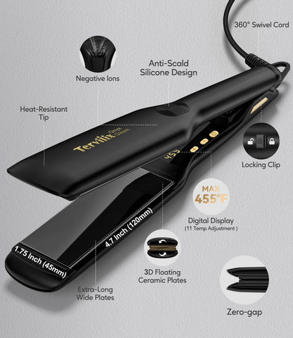 Terviiix Extra Long Hair Straightener for Fast Styling on Thick Hair, Silk Press Flat Iron for Black Women Natural Hair - 1.75" Wide Plate - Ionic Ceramic Infused with Argan Oil & Keratin, Max 455°F Avelisse