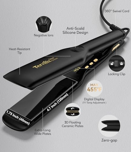 Terviiix Extra Long Hair Straightener for Fast Styling on Thick Hair, Silk Press Flat Iron for Black Women Natural Hair - 1.75" Wide Plate - Ionic Ceramic Infused with Argan Oil & Keratin, Max 455°F Avelisse