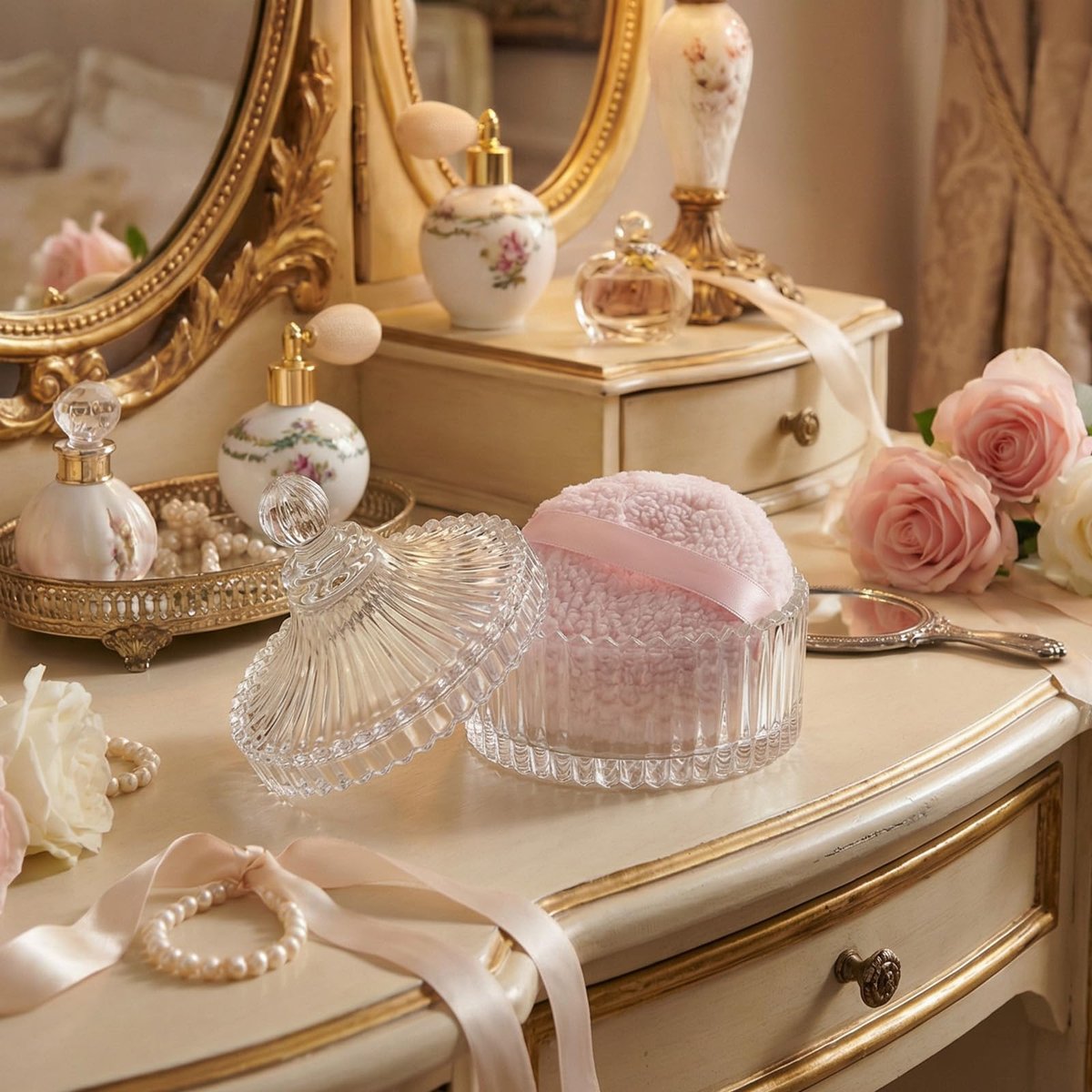 HXRYAGi 2-Piece Extra Large Body Powder Puff and Glass Jar Set – 6 Inch Crystal Storage with Soft Washable Pink Puff Avelisse