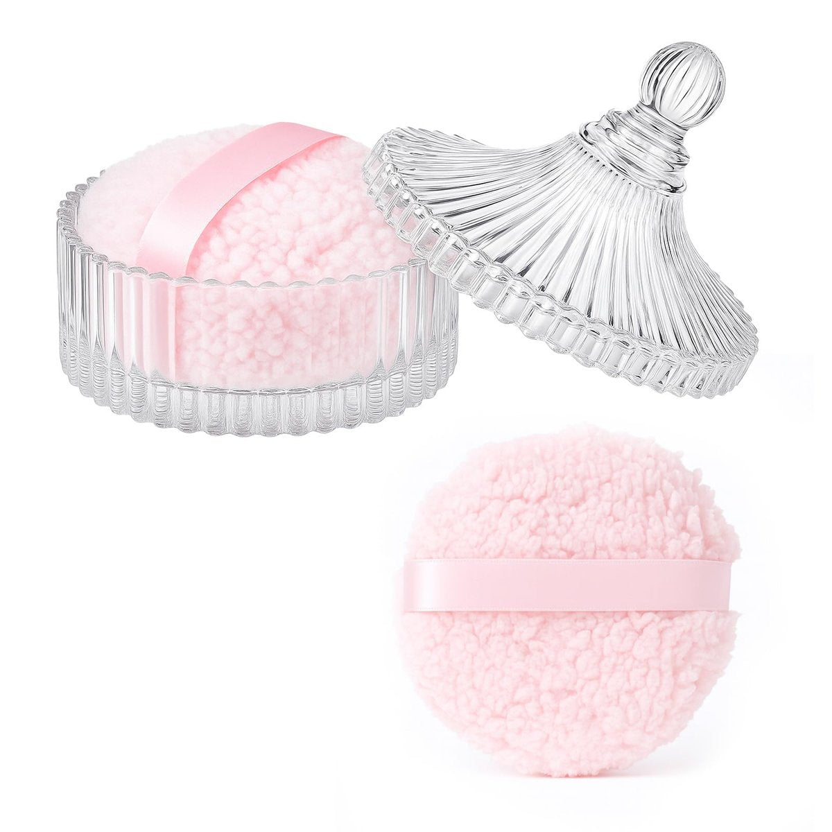 HXRYAGi 2-Piece Extra Large Body Powder Puff and Glass Jar Set – 6 Inch Crystal Storage with Soft Washable Pink Puff Avelisse