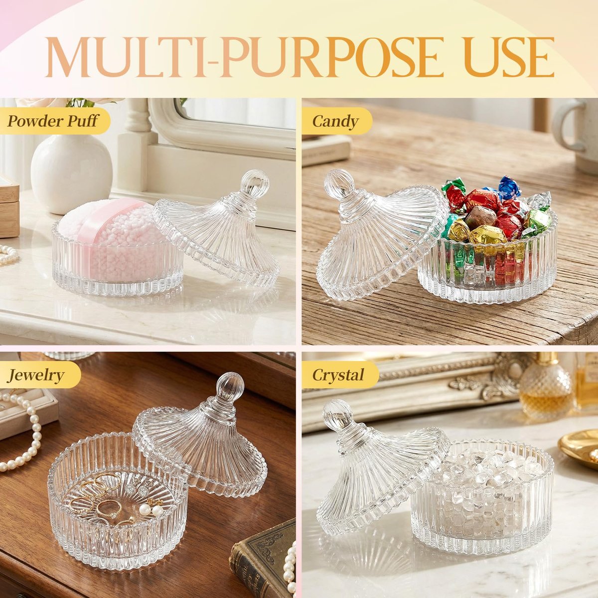 HXRYAGi 2-Piece Extra Large Body Powder Puff and Glass Jar Set – 6 Inch Crystal Storage with Soft Washable Pink Puff Avelisse