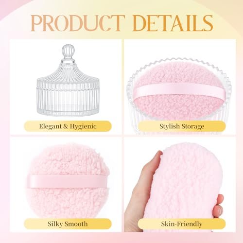 HXRYAGi 2-Piece Extra Large Body Powder Puff and Glass Jar Set – 6 Inch Crystal Storage with Soft Washable Pink Puff Avelisse
