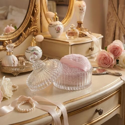 HXRYAGi 2-Piece Extra Large Body Powder Puff and Glass Jar Set – 6 Inch Crystal Storage with Soft Washable Pink Puff Avelisse