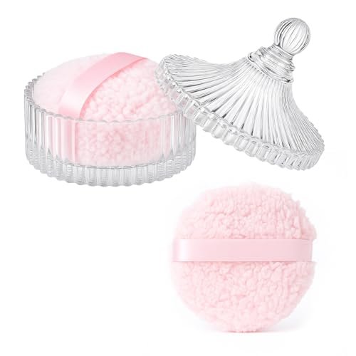 HXRYAGi 2-Piece Extra Large Body Powder Puff and Glass Jar Set – 6 Inch Crystal Storage with Soft Washable Pink Puff Avelisse