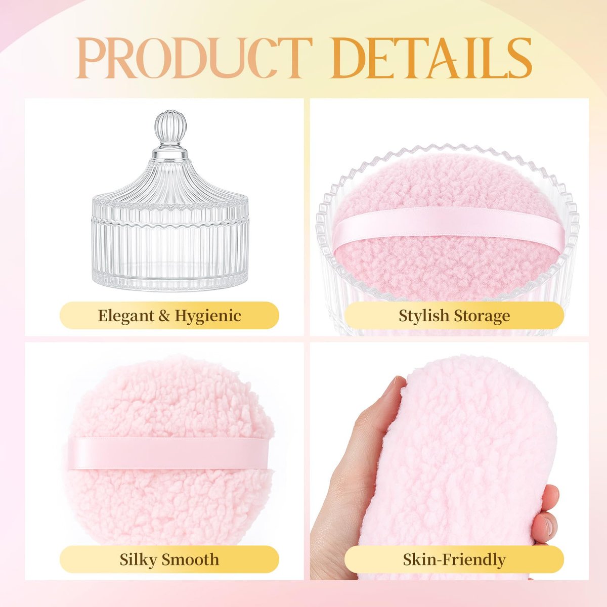HXRYAGi 2-Piece Extra Large Body Powder Puff and Glass Jar Set – 6 Inch Crystal Storage with Soft Washable Pink Puff Avelisse