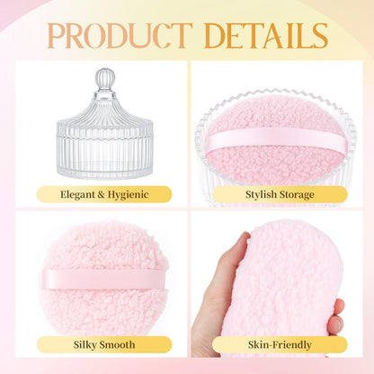 HXRYAGi 2-Piece Extra Large Body Powder Puff and Glass Jar Set – 6 Inch Crystal Storage with Soft Washable Pink Puff Avelisse