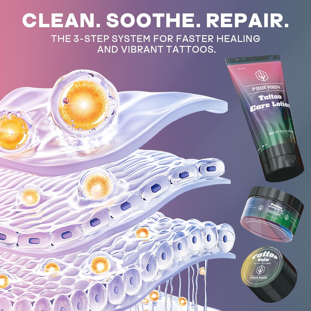 POSEIDON Tattoo Aftercare Kit - 3-in-1 Set with Refreshing Citrus Scent for Quick Healing & Color Protection (Tattoo Soap, Balm, Lotion) Avelisse