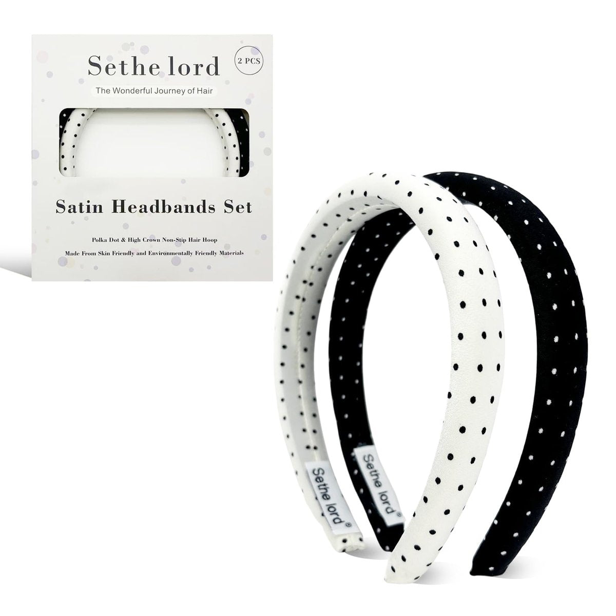 Sethe lord Satin Headbands for Women & Girls - Polka Dot, No-Slip, Comfortable & Soft - Black and White, 2 Pack - görsel 1