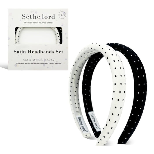 Sethe lord Satin Headbands for Women & Girls - Polka Dot, No-Slip, Comfortable & Soft - Black and White, 2 Pack