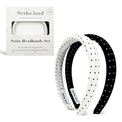 Sethe lord Satin Headbands for Women & Girls - Polka Dot, No-Slip, Comfortable & Soft - Black and White, 2 Pack