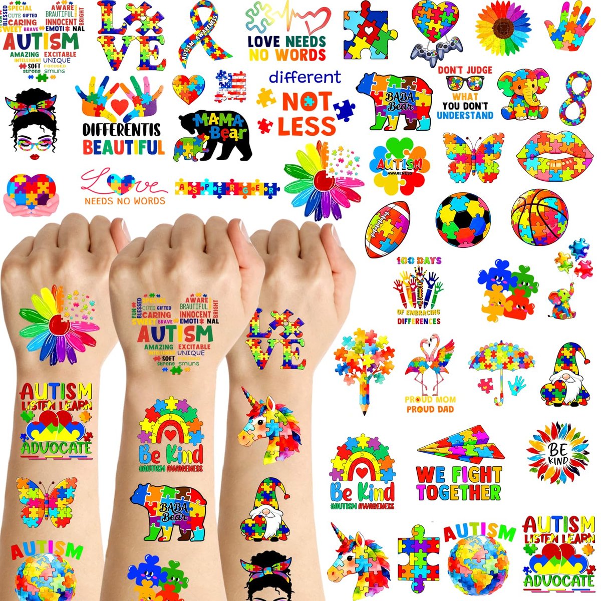 20 Sheets 172 Pcs World Autism Awareness Ribbon Temporary Tattoos - Inspirational Autism Tattoos for Fundraiser Events & Party Decor - görsel 1