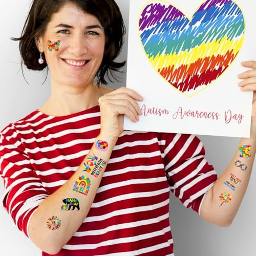 20 Sheets 172 Pcs World Autism Awareness Ribbon Temporary Tattoos - Inspirational Autism Tattoos for Fundraiser Events & Party Decor - görsel 6