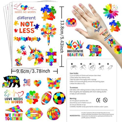 20 Sheets 172 Pcs World Autism Awareness Ribbon Temporary Tattoos - Inspirational Autism Tattoos for Fundraiser Events & Party Decor
