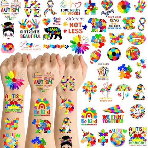 20 Sheets 172 Pcs World Autism Awareness Ribbon Temporary Tattoos - Inspirational Autism Tattoos for Fundraiser Events & Party Decor - görsel 2