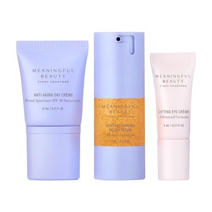 Meaningful Beauty Anti-Aging Skincare Trio Travel Size 3-Piece Starter Kit Gift Set for Women - Youth Activating Melon Serum, Day Creme, Eye Cream & Antioxidants Avelisse