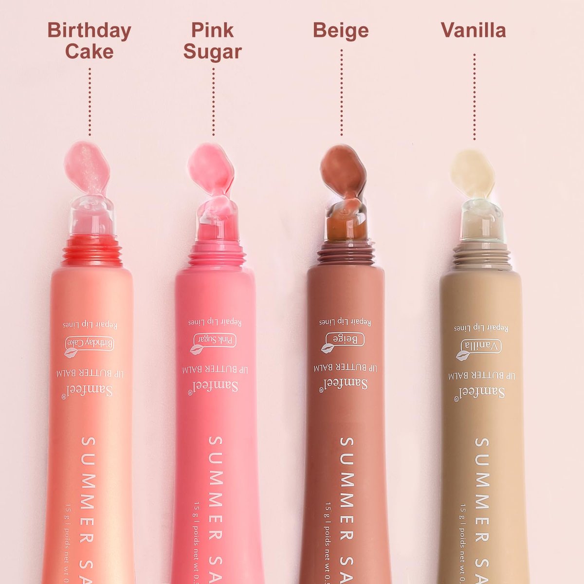 Samfeel 4-Pack Tinted Lip Butter Balm Gift Set - Pink Sugar, Birthday Cake, Vanilla & Beige - Vegan & Conditioning Lip Balm for Moisture, Shine & Hydration (15g each) Avelisse