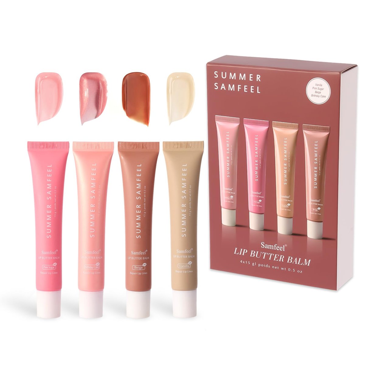 Samfeel 4-Pack Tinted Lip Butter Balm Gift Set - Pink Sugar, Birthday Cake, Vanilla & Beige - Vegan & Conditioning Lip Balm for Moisture, Shine & Hydration (15g each) Avelisse
