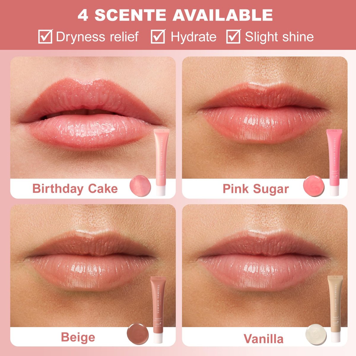 Samfeel 4-Pack Tinted Lip Butter Balm Gift Set - Pink Sugar, Birthday Cake, Vanilla & Beige - Vegan & Conditioning Lip Balm for Moisture, Shine & Hydration (15g each) Avelisse