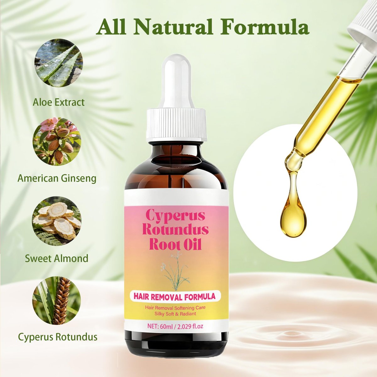 Bigyuan Cyperus Rotundus Oil - Natural Hair Removal Formula & Hair Inhibition Care for Silky Smooth Skin, 60ml/2 fl.oz Avelisse