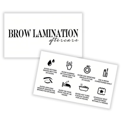100 Pack Brow Lamination Aftercare Cards – Business Card Size Instructions for Eyebrow Lamination Aftercare