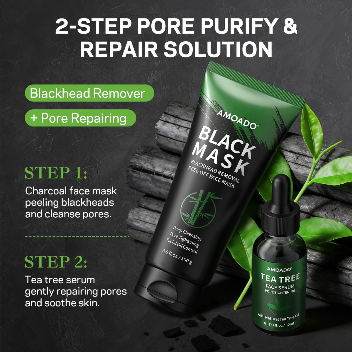 AMOADO Blackhead Remover Peel Off Face Mask & Tea Tree Oil Serum Duo - Deep Cleansing Charcoal Mask for Pore Tightening - görsel 5