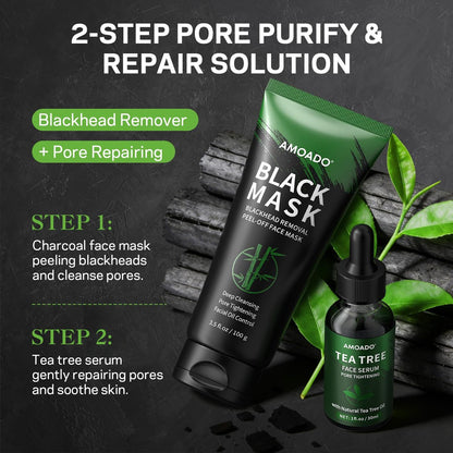 AMOADO Blackhead Remover Peel Off Face Mask & Tea Tree Oil Serum Duo - Deep Cleansing Charcoal Mask for Pore Tightening