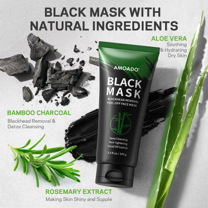 AMOADO Blackhead Remover Peel Off Face Mask & Tea Tree Oil Serum Duo - Deep Cleansing Charcoal Mask for Pore Tightening