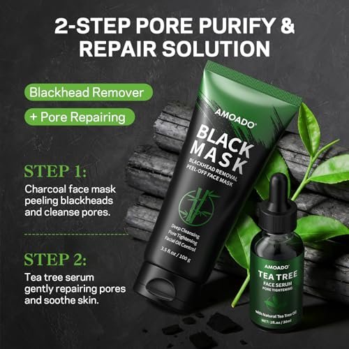AMOADO Blackhead Remover Peel Off Face Mask & Tea Tree Oil Serum Duo - Deep Cleansing Charcoal Mask for Pore Tightening - görsel 6