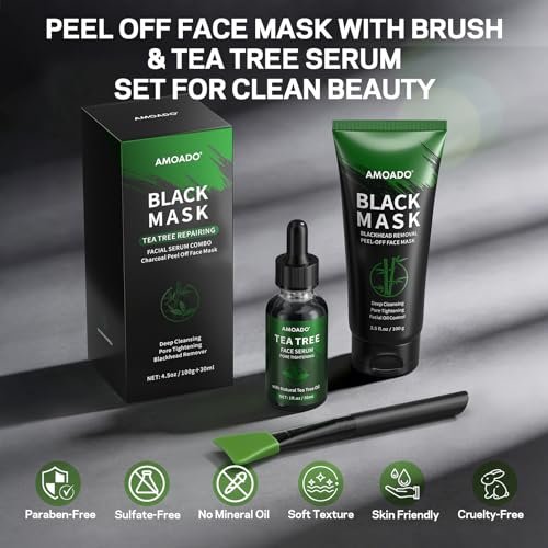 AMOADO Blackhead Remover Peel Off Face Mask & Tea Tree Oil Serum Duo - Deep Cleansing Charcoal Mask for Pore Tightening - görsel 12