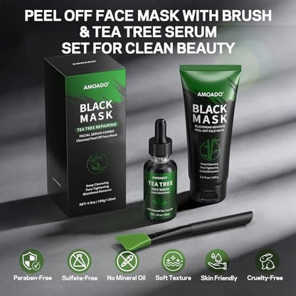 AMOADO Blackhead Remover Peel Off Face Mask & Tea Tree Oil Serum Duo - Deep Cleansing Charcoal Mask for Pore Tightening