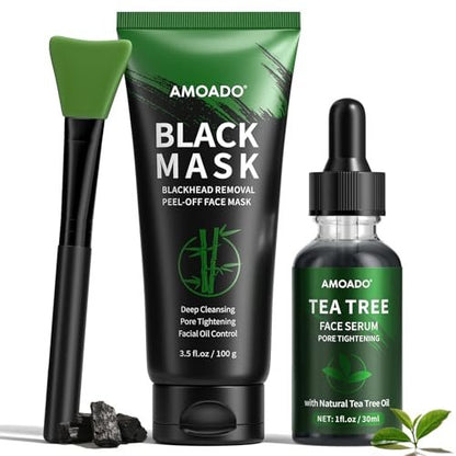 AMOADO Blackhead Remover Peel Off Face Mask & Tea Tree Oil Serum Duo - Deep Cleansing Charcoal Mask for Pore Tightening