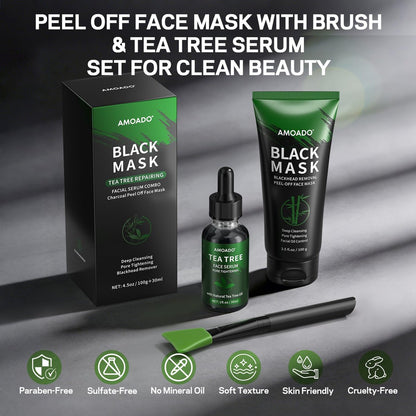 AMOADO Blackhead Remover Peel Off Face Mask & Tea Tree Oil Serum Duo - Deep Cleansing Charcoal Mask for Pore Tightening