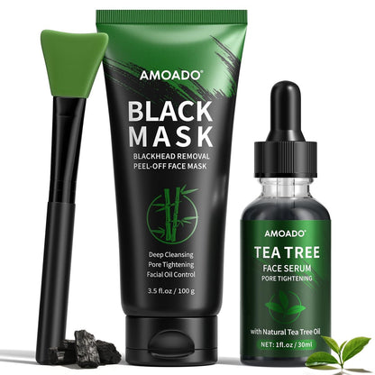 AMOADO Blackhead Remover Peel Off Face Mask & Tea Tree Oil Serum Duo - Deep Cleansing Charcoal Mask for Pore Tightening