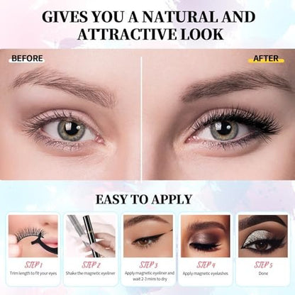 Natural Look Magnetic Eyelashes - 12 Pairs No Glue Reusable False Lashes with Tweezers