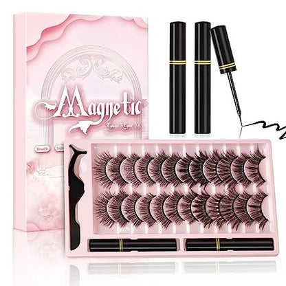 Natural Look Magnetic Eyelashes - 12 Pairs No Glue Reusable False Lashes with Tweezers