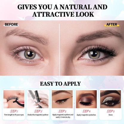 Natural Look Magnetic Eyelashes - 12 Pairs No Glue Reusable False Lashes with Tweezers