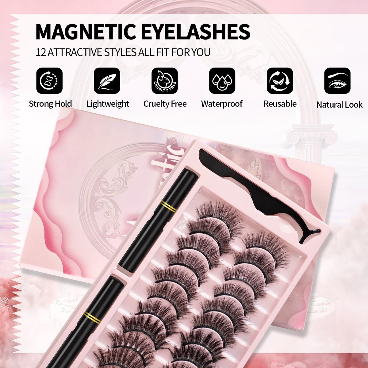 Natural Look Magnetic Eyelashes - 12 Pairs No Glue Reusable False Lashes with Tweezers - görsel 9