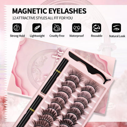 Natural Look Magnetic Eyelashes - 12 Pairs No Glue Reusable False Lashes with Tweezers