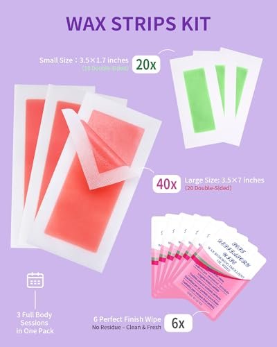 KOCCQUE Wax Strips Waxing Kit for Women – 60 Strips + 6 Wipes – Legs, Arms, Face, Underarms, Bikini & Facial Hair Removal – Dermatologically Tested, 8-Week Smooth, Hypoallergenic for All Skin Types Avelisse