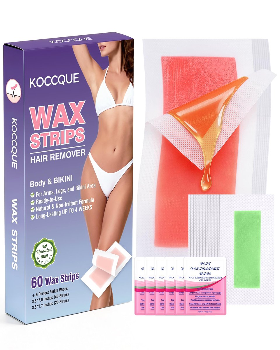 KOCCQUE Wax Strips Waxing Kit for Women – 60 Strips + 6 Wipes – Legs, Arms, Face, Underarms, Bikini & Facial Hair Removal – Dermatologically Tested, 8-Week Smooth, Hypoallergenic for All Skin Types Avelisse