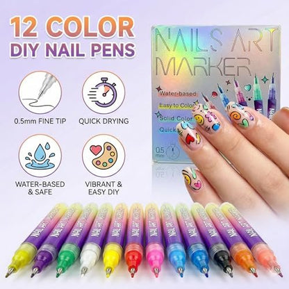 12 Colors Nail Art Markers Pens – 0.5mm Fine Tip, Waterproof & Quick-Drying Nail Dotting Liner for Beginners & Pros Avelisse