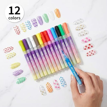 12 Colors Nail Art Markers Pens – 0.5mm Fine Tip, Waterproof & Quick-Drying Nail Dotting Liner for Beginners & Pros Avelisse