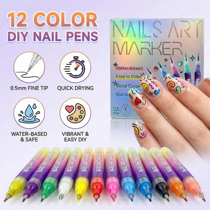 12 Colors Nail Art Markers Pens – 0.5mm Fine Tip, Waterproof & Quick-Drying Nail Dotting Liner for Beginners & Pros Avelisse