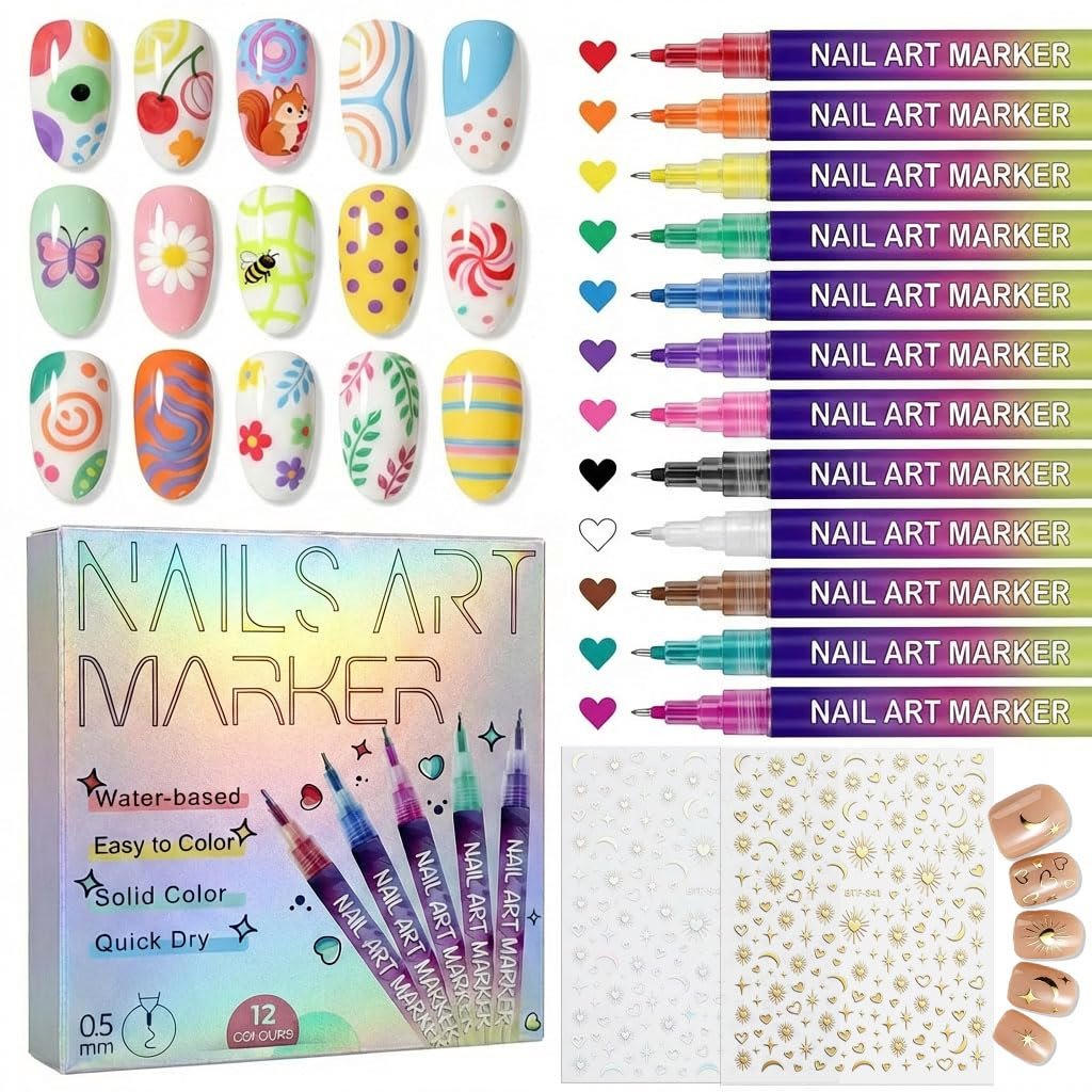 12 Colors Nail Art Markers Pens – 0.5mm Fine Tip, Waterproof & Quick-Drying Nail Dotting Liner for Beginners & Pros Avelisse