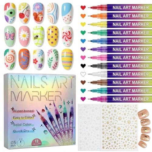 12 Colors Nail Art Markers Pens – 0.5mm Fine Tip, Waterproof & Quick-Drying Nail Dotting Liner for Beginners & Pros Avelisse