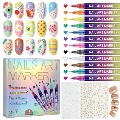 12 Colors Nail Art Markers Pens – 0.5mm Fine Tip, Waterproof & Quick-Drying Nail Dotting Liner for Beginners & Pros Avelisse