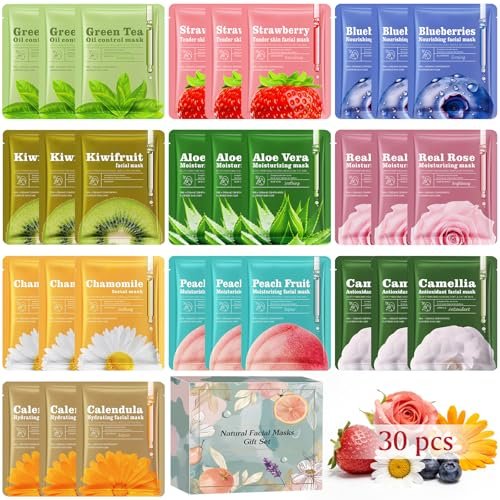 Aottom 30-Piece Face Mask Set: Natural Sheet Masks for Skincare, Spa Gift for Women Avelisse